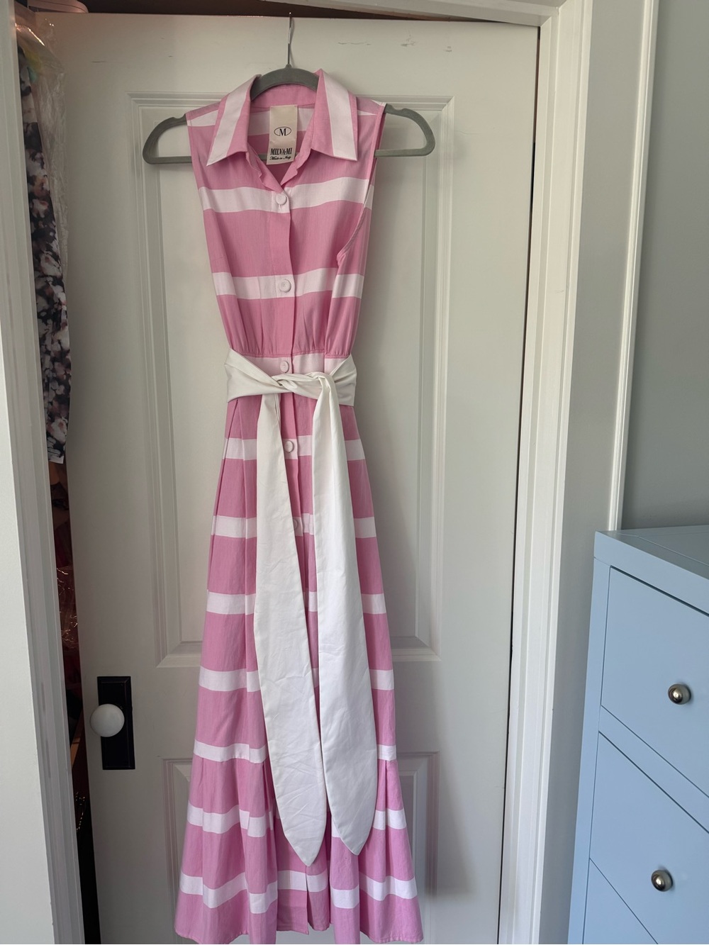 Sleeveless Pink & White Stripe Maxi Dress with Tie Waist